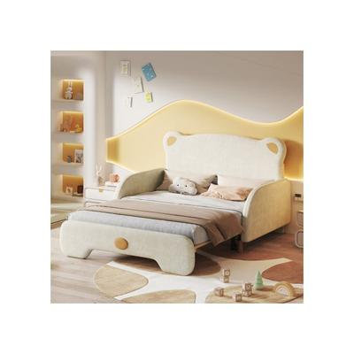 Letto matrimoniale a forma di orso - - Beige - 140x200 cm - Velluto - Doghe in legno