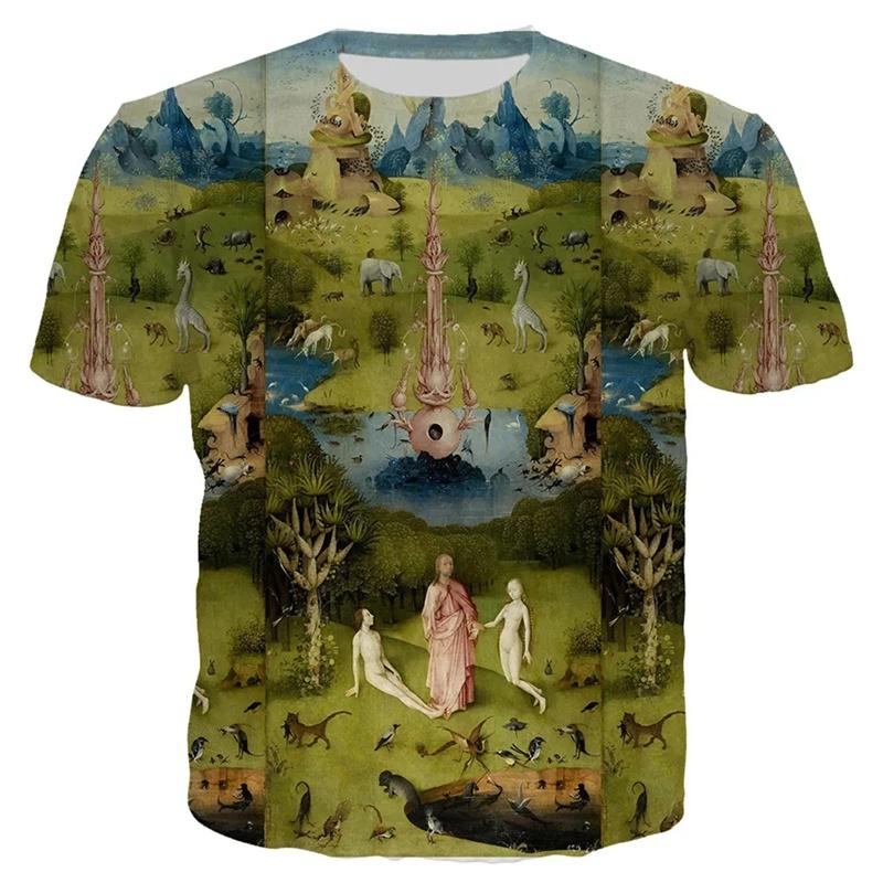3D Printed New World Happy Garden T Shirt Men Oil Painting Graphic T-Shirts Fashion Short Sleeve Tops Oversized Round Neck Tees