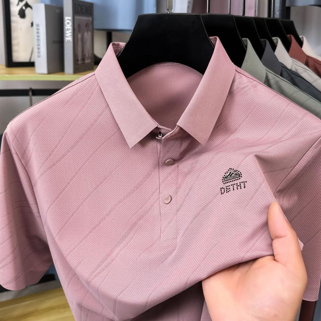 Pánské pulovrové tričko s klopou z ledového hedvábí s krátkým rukávem, trendy polokošile, ležérní top pro otce