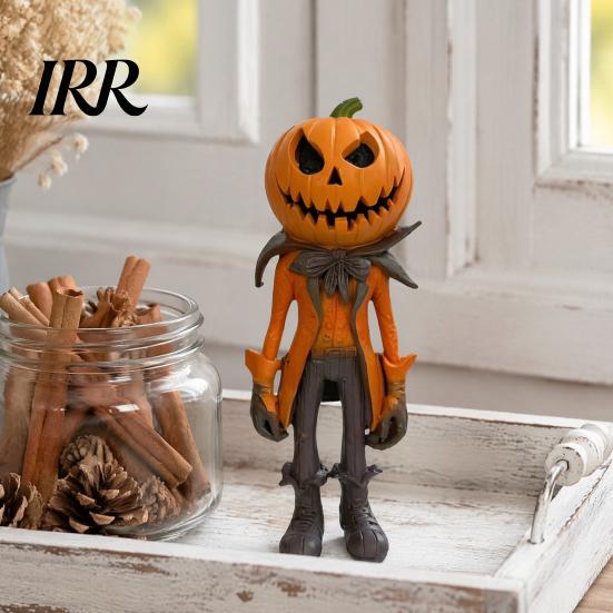 Retro Wizard Pumpkin Statue Witch Figurine, Spooky Halloween with Lantern, LED Lighted Night Lamp Vintage Gothic Resin for Tabletop Mantel Shelf Decor