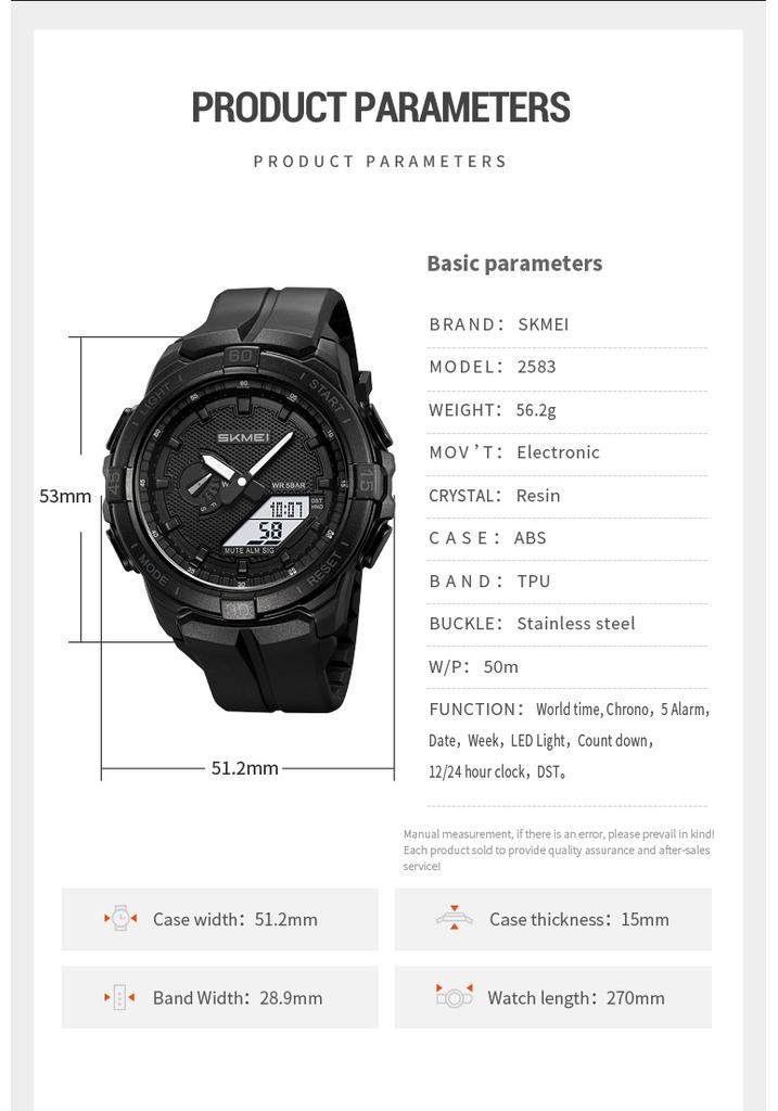 SKMEI 2583 New Large Dial Men's Digital Watch Countdown Stopwatch LED Light Electronic Watch 5 Alarm Clock Sports Watch Reloj