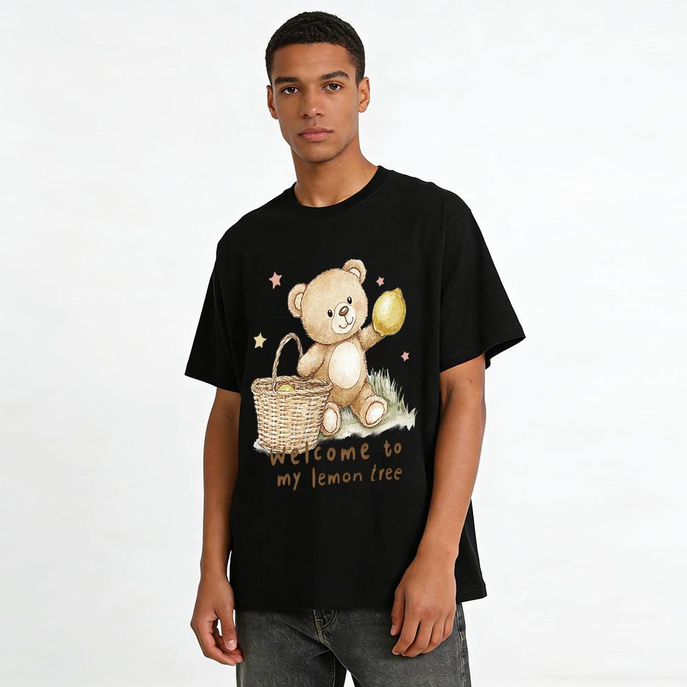 Cute Bear Picking Lemon Print T-shirt Unisex Fresh Healing Style Casual Loose Crew Neck Short Sleeve Top Pure Cotton T-shirt