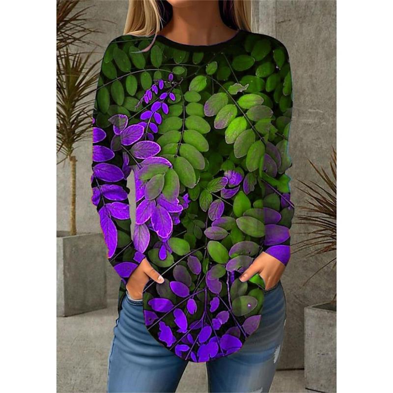 Fashion Women's T Shirt Tee Leaf 3D Print Casual Holiday Fashion Long Sleeve T-shirt Crew Neck Yellow Summer Sweatshirt Pullover