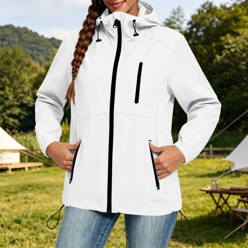 Women's Lightweight Casual Hooded Windbreaker Jacket Drawstring Waist Long Sleeve Zip Up Outerwear for Outdoor Activities