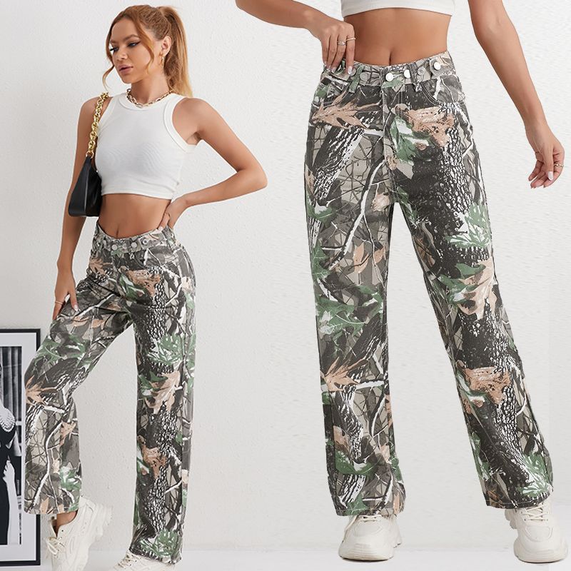 Puffanpop Women's Jeans Camouflage Cargo Pants Straight Wide Leg Jeans High Waisted Casual Jeans