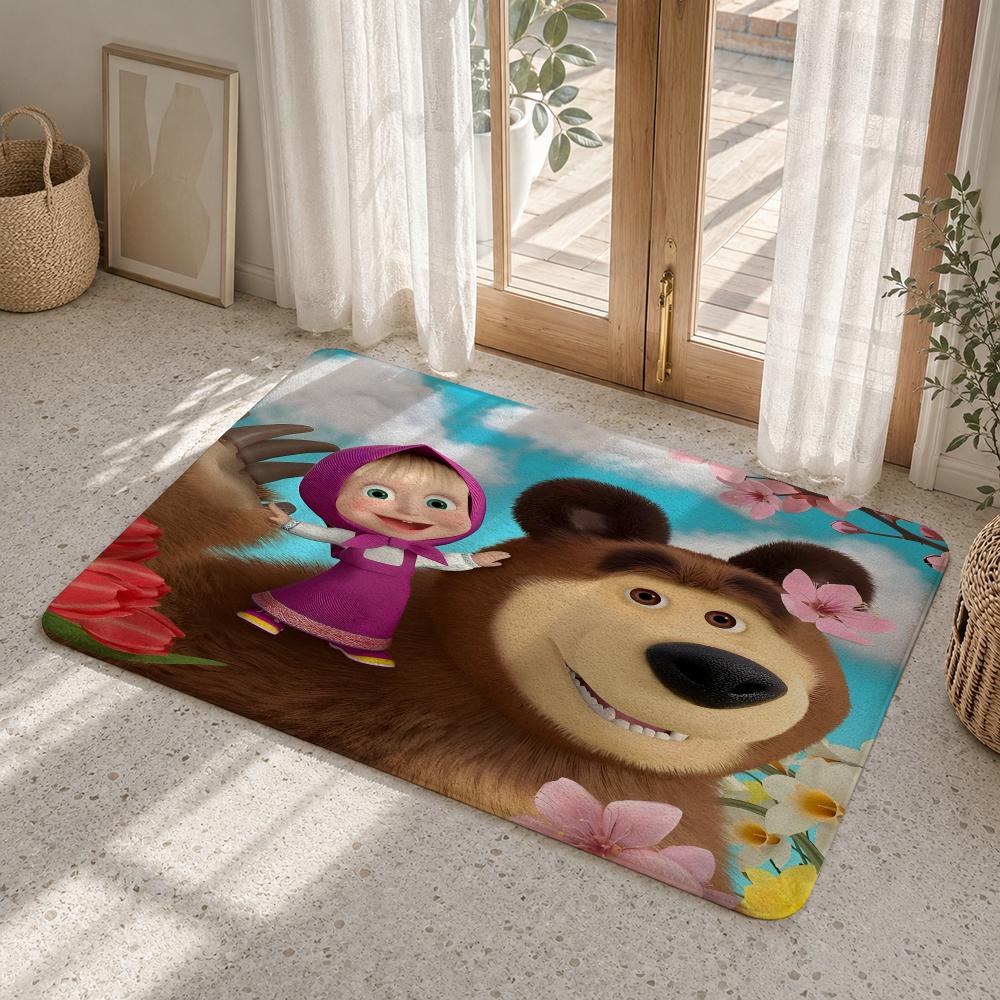 M-Masha And The B-Bear Floor Mat Flannel Rug Non Slip Absorbent Soft Washable For Entryway Hallway Bathroom Kitchen Decor