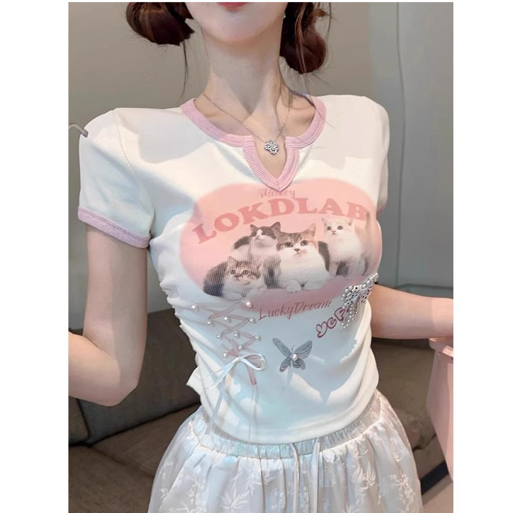 

Летние хлопковые футболки, женские футболки с V-образным вырезом и короткими рукавами, милые футболки с героями мультфильмов для молодых девушек, повседневные эластичные облегающие топы y2k для женщин S