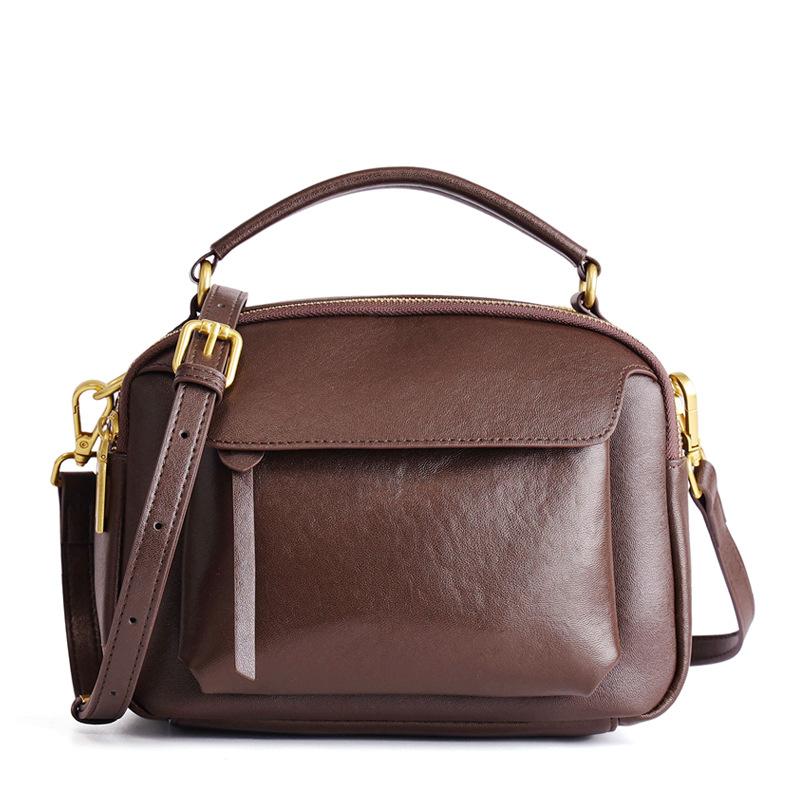 Genuine Leather Retro Shoulder Bag for Women - Vegetable Tanned Cowhide Crossbody Bag, Casual Commute Small Square Handbag
