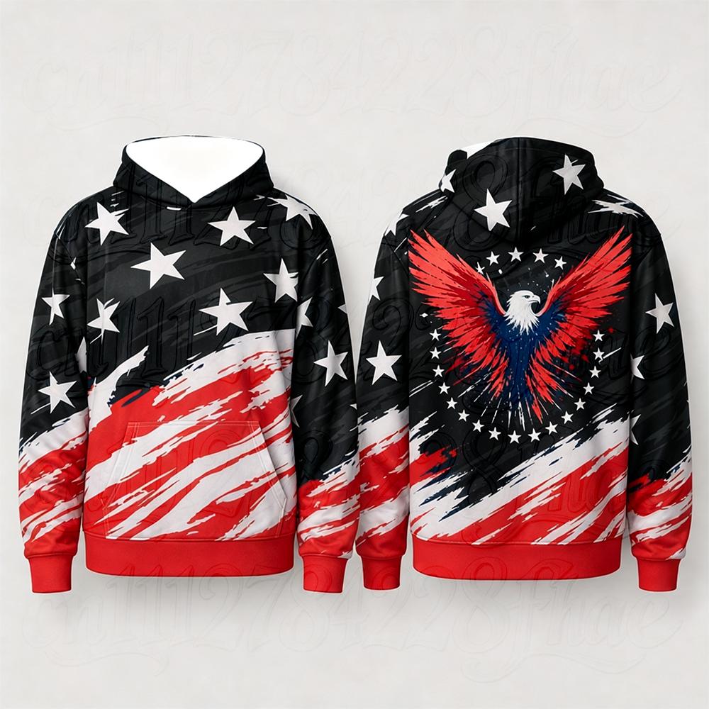 Patriotic US Flag Eagle Star Print Parent-Child Long Sleeve Hoodie Casual Independence Day 4th of July Sweatshirt Tops Streetwea