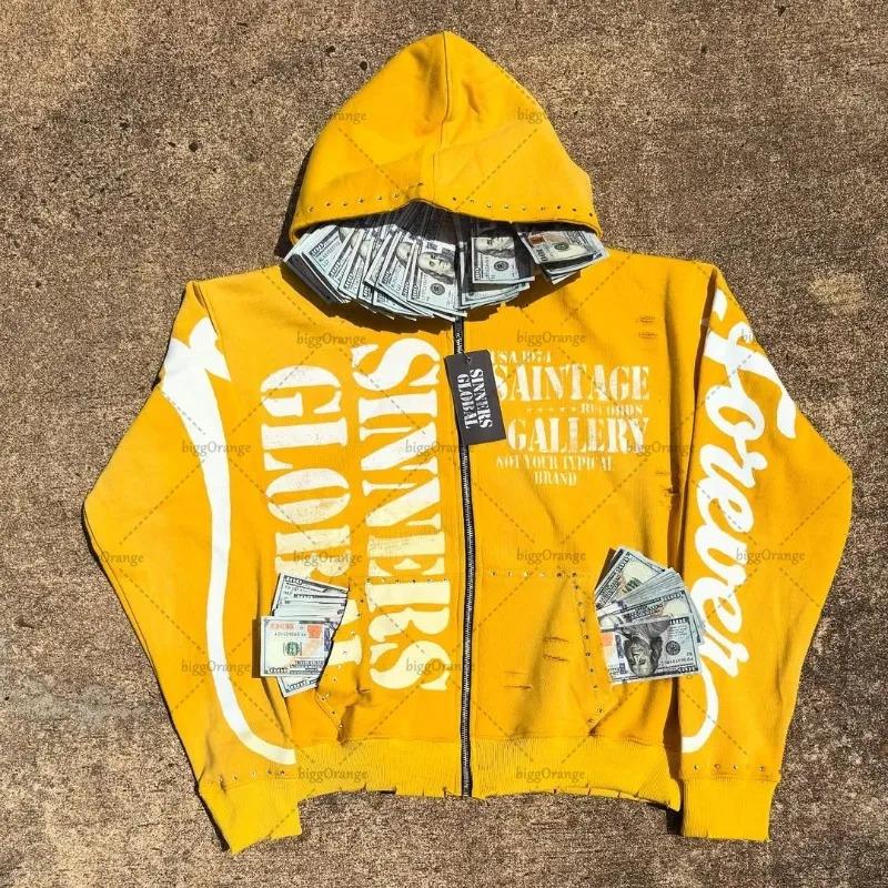Europäischer und amerikanischer ins personalisierter NOFS bedruckter Pullover Hoodie Set Retro Jacke Street Trend y2k