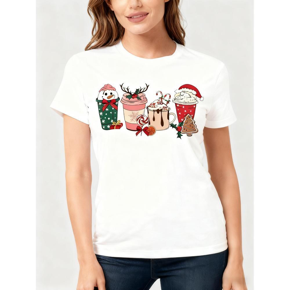 Women Christmas Coffee Cups Graphic T-Shirt Cute Short Sleeve Casual Holiday Top