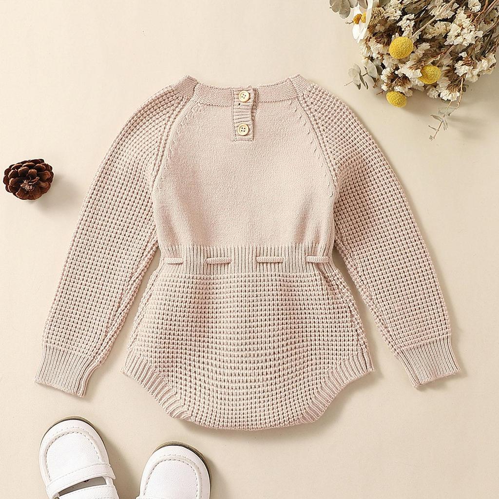 Baby Girls Waffle Sweater Rompers Flower Embroidery Crew Neck Long Sleeve Drawstring Infant Fall Toddler Clothes Bodysuits