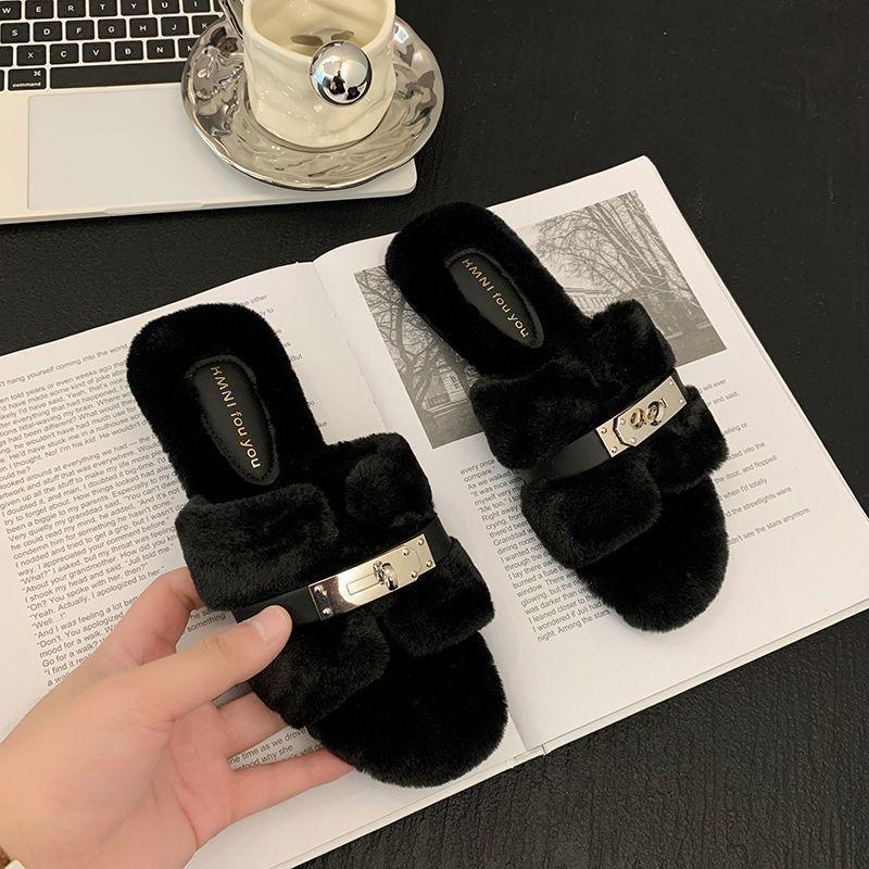 

Fairy wind lock fluffy slippers female outer wear 2025 autumn and winter new French soft-soled one-word drag velvet cotton shoes 40 чёрный