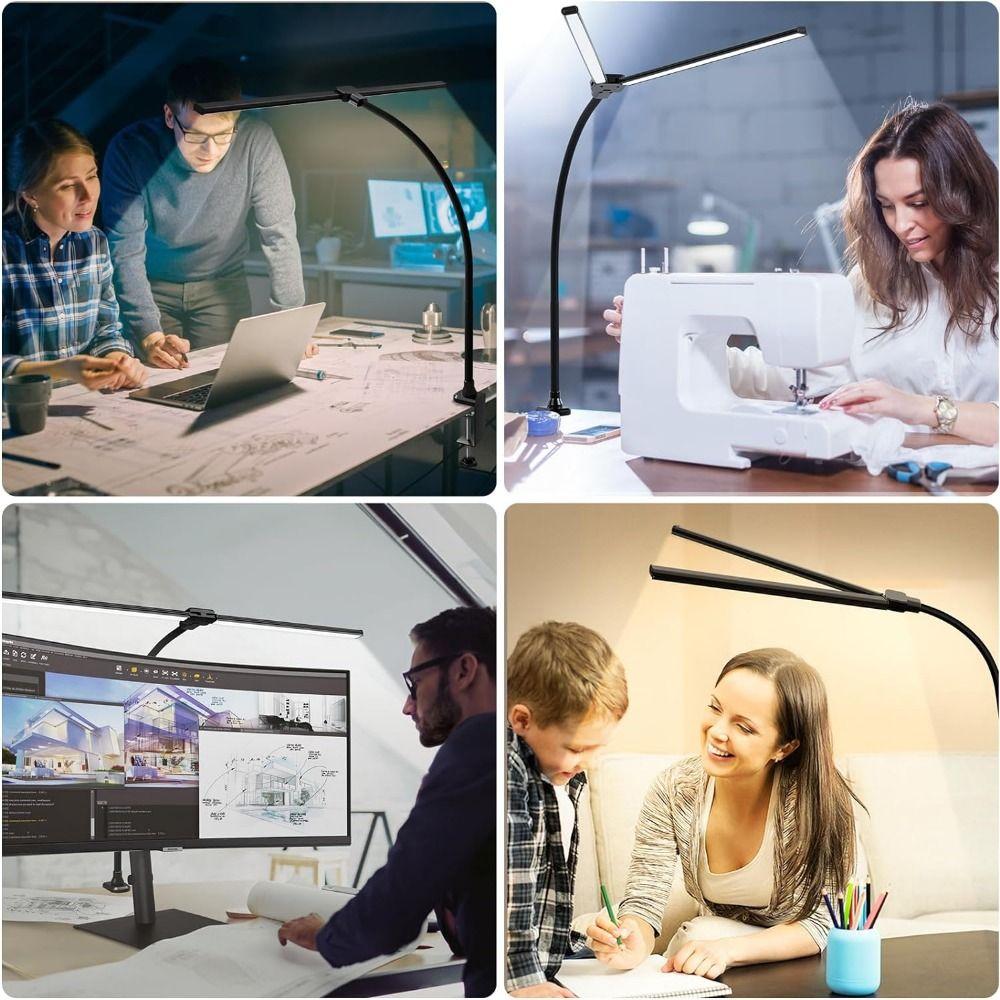 Double Head Led Desk Lamp 3 Color Modes Dimmable Clamp Desk Lighting Gooseneck Smart Light  Study