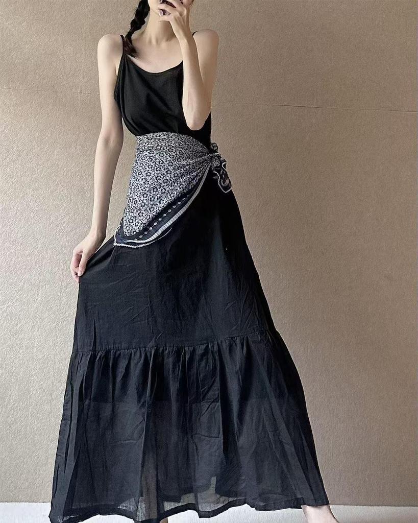 2025 Summer Linen Cotton Slip Dress - Solid Color, Loose Fit, Patchwork Design, Literary Style