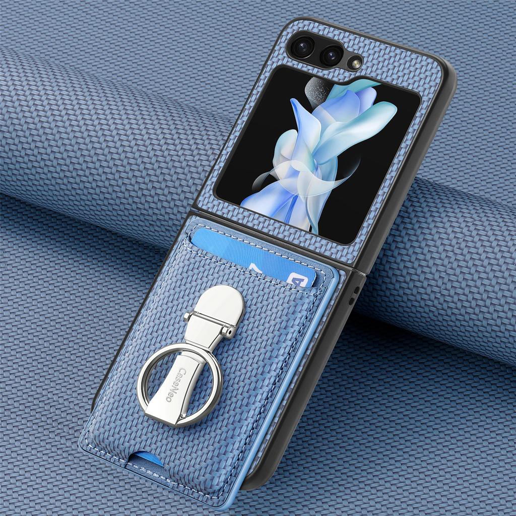 Folding Ring Holder Card Solt Carbon Fibre Wallet Case For Samsung Galaxy Z Flip 6 5 4 3 5G Flip6 flip5 Stand Vertical Bag Cover