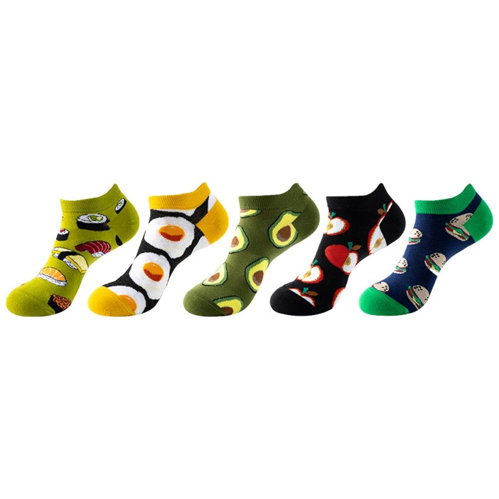 

5Pairs Cotton Cartoon Short Socks Patchwork Food Pattern Socks Soft Mid Tube Socks Autumn Short Style