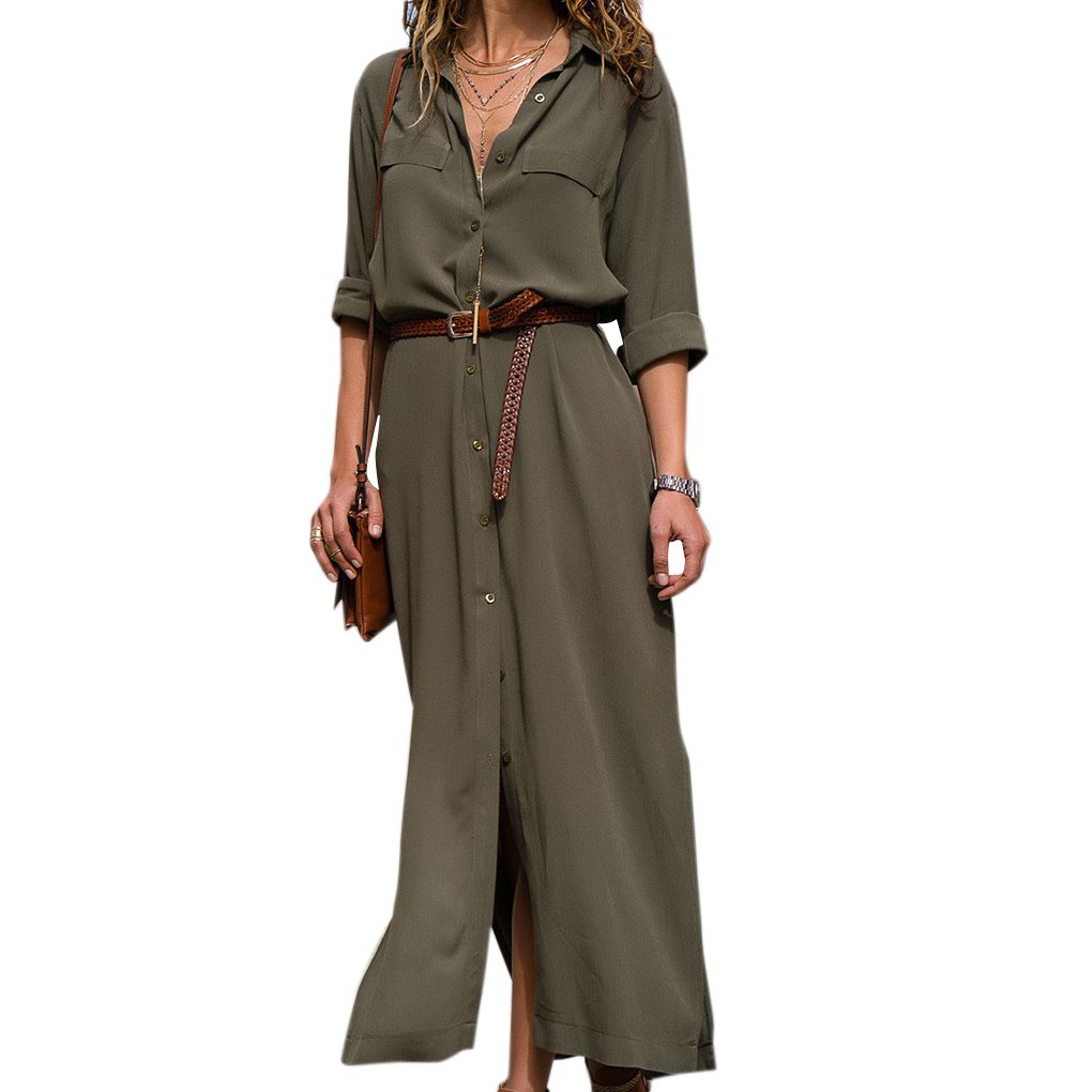 Tiefes V Einfarbig Damen Maxi Schlitz Schnürung Lang Kleid Mädchen Herbst Schlitz Schnürung Langarm Kleid