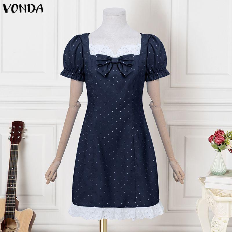 VONDA Rochie Mini Casual pentru Femei cu Gât Pătrat, Mâneci Scurte Bufante, Fundă și Buline