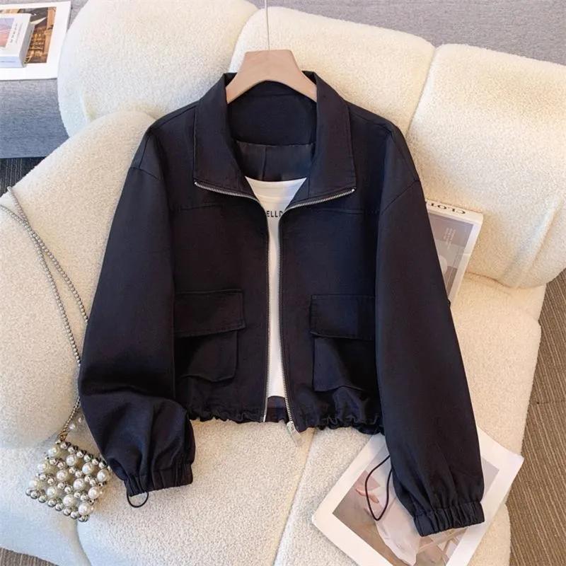 Women's Zipper Jackets Spring   Loose  Stand Collar Long Sleeve Tooling Jacket Coat