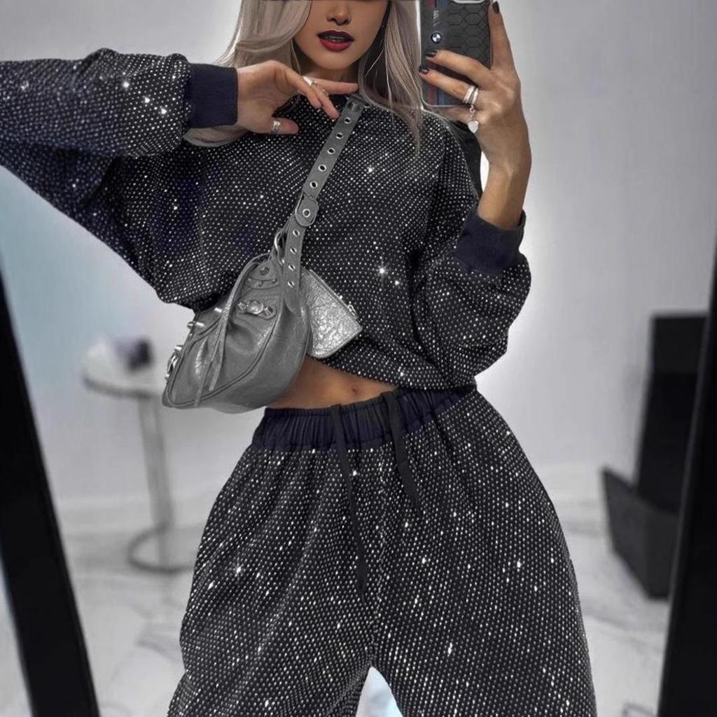 Women's Starry Sky Long-Sleeve Round Neck Loose Top & Drawstring Wide-Leg Pants Set for Autumn/Winter