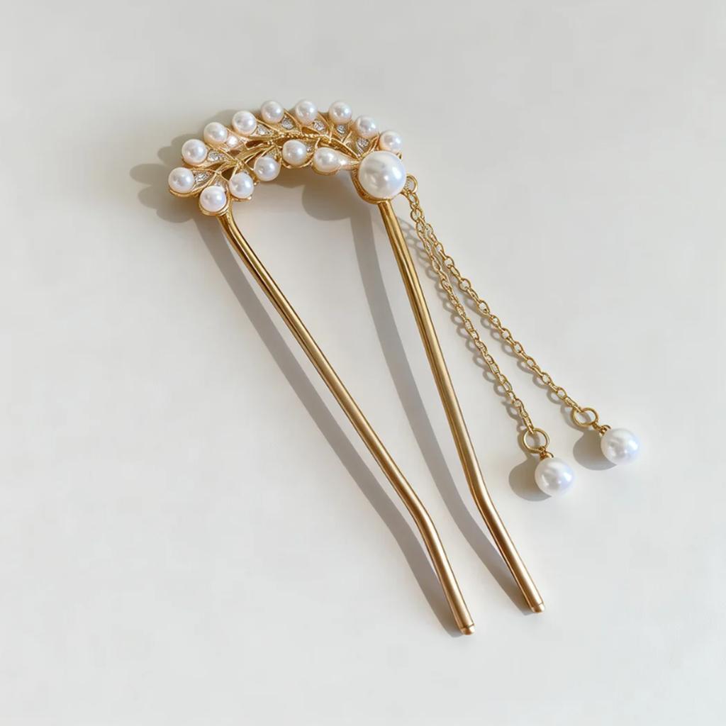 Vintage Pearl Tassel Hairpin for Women, Gold Plated Wheat Leaf Hair Stick, Elegant Chinese Style Hair Accessory for Hanfu & Daily Wear