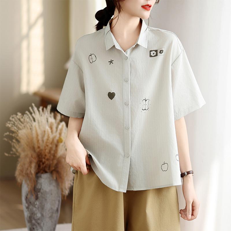 DIMANAF 2026 Women Plus Size New Summer Blouse Shirt Short Sleeve Print Floral Casual Loose Cotton Lady Tops Shirts