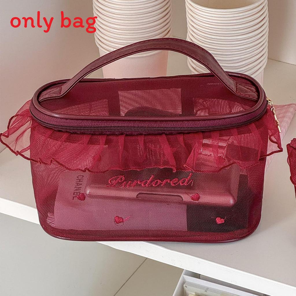 Stylish Ocean Blue Mesh Cosmetic Bag For Girls With Embroidery And Breathable Design