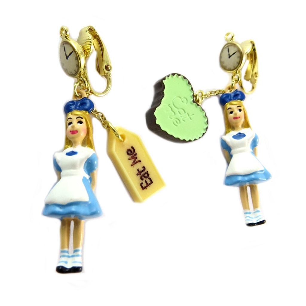 Les Trésors De Lily [P2049] - Artisanal Clip Earrings 'Monde Merveilleux' (Alice) Blue White Gold - 55x10 Mm