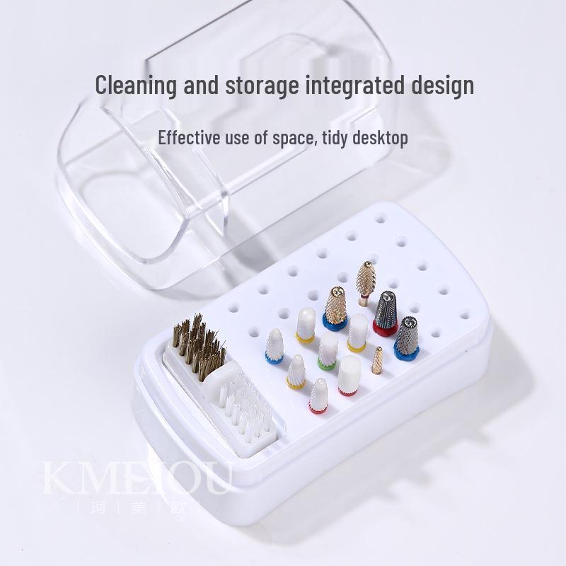 Compact Nail Drill Bit Storage and Cleaning Box with Brush