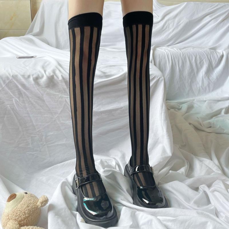Women Over Knee Thigh High Socks Long Tube Leg Warmers Stocking Dark Vertical Stripe Leggings Sock