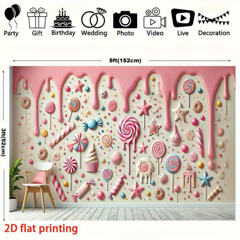 2D Whimsical Candy Backdrop Pink Cream Drip with Colorful Candies Themed Party Background