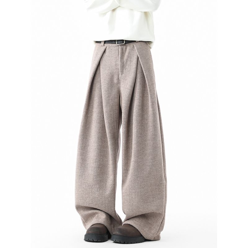Old Money Style Deconstructed Woolen Trousers for Men, Winter Heavyweight Vintage Warm Wide-Leg Long Pants, High Street Pleated Casual Pants