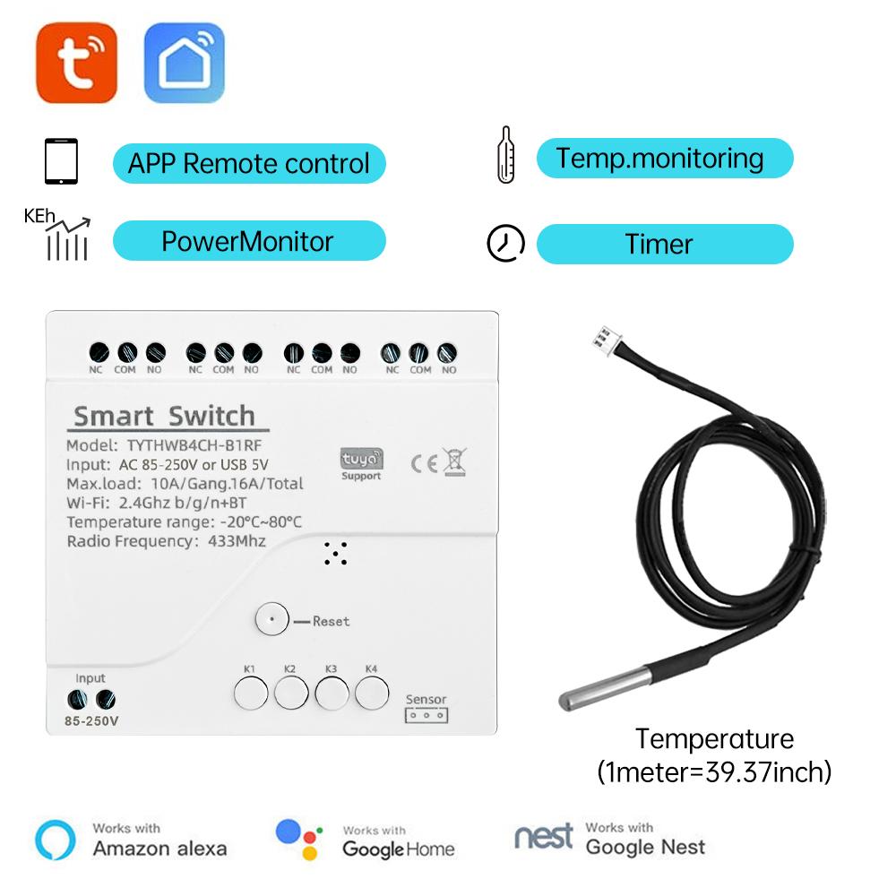 DC 7-32V Tuya Smart WiFi 4 Channel Relay With Temperature Humidity Sensor Passive Dry Contact Switch Alexa Alice Compatible