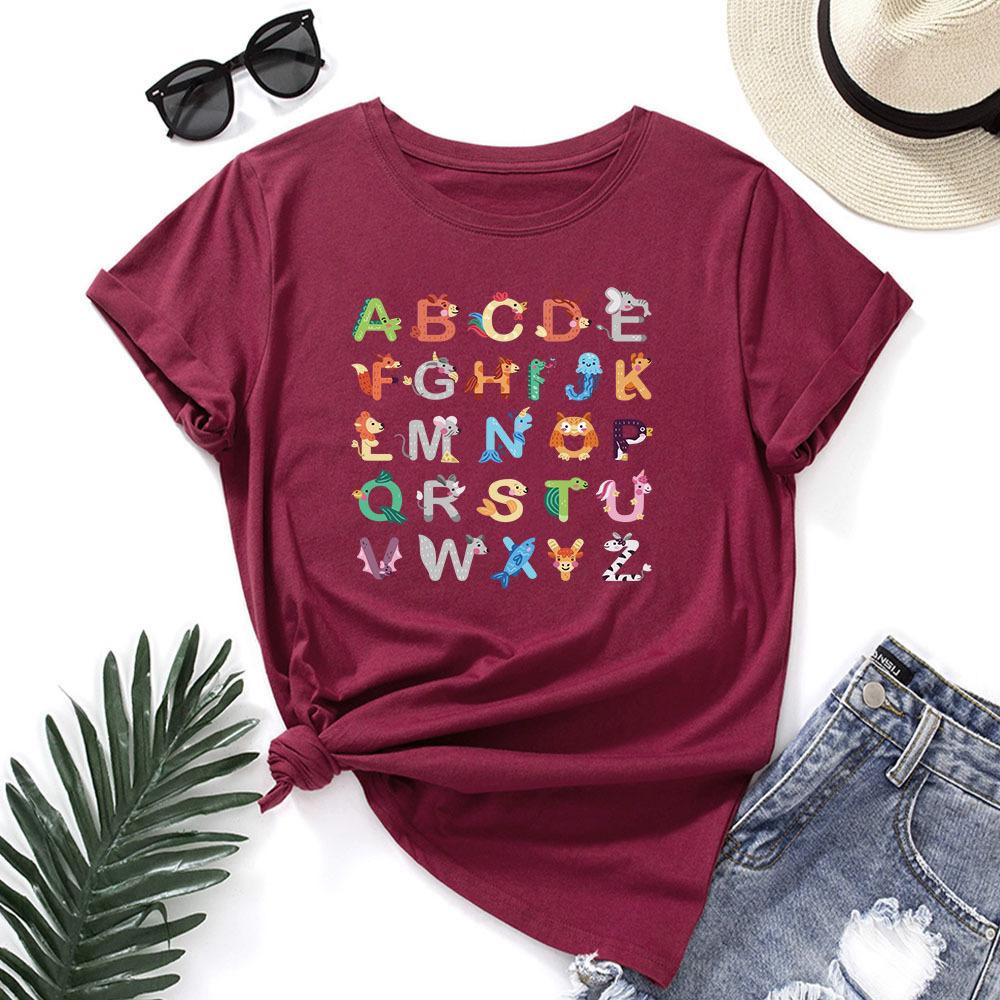 Cotton T-Shirt Short Sleeve Round Neck Women 2d Print Tops
