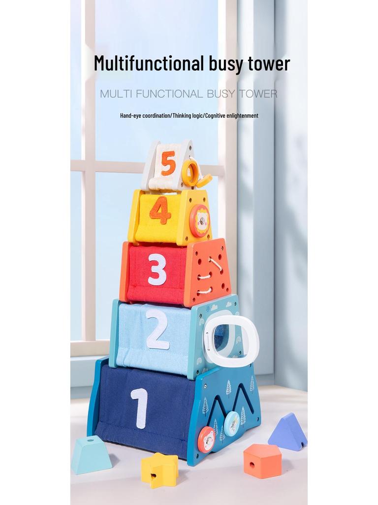 Children's Wooden Busy Tower: Multifunctional Educational Toy for Early Learning, Shape Matching, and Hands-on Skill Development