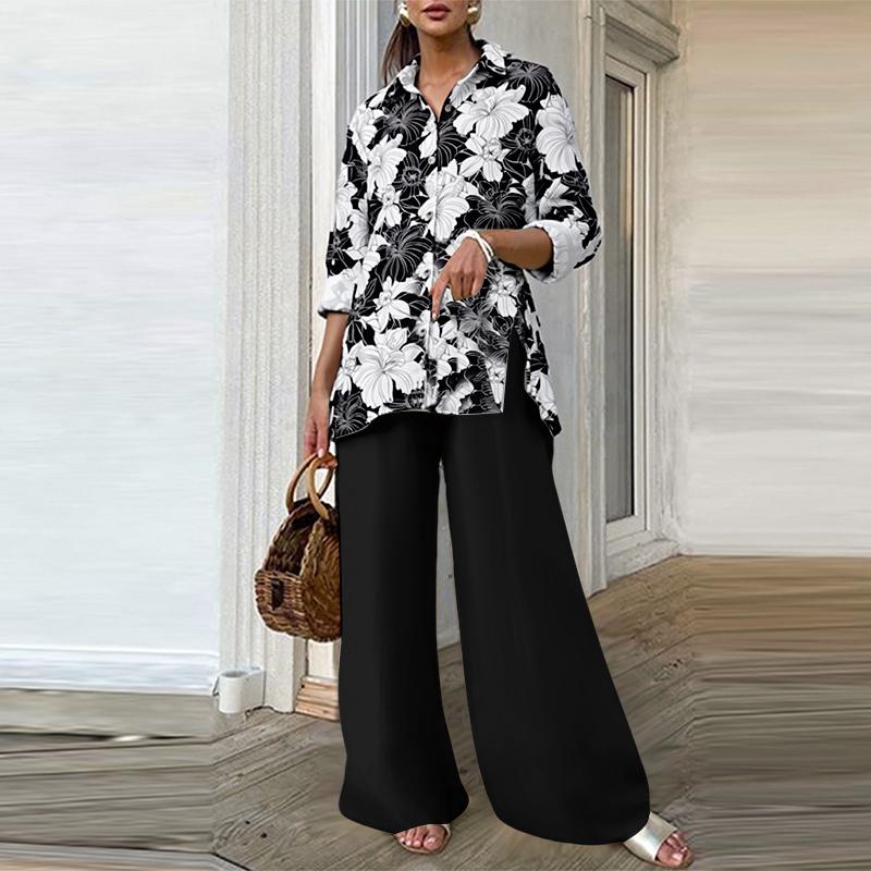 ZANZEA Women Long Sleeve Print Blouse and Pants Casual Two Piece Suit Sets
