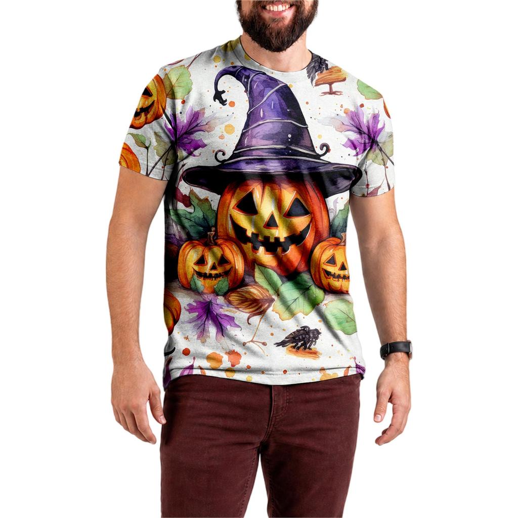 Halloween All Over Print T Shirt, Cute Pumpkin Graphic Tee for Women Men
