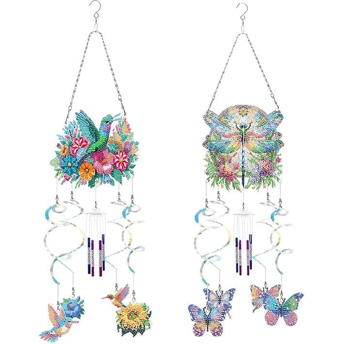 Generic DIY Dotted Diamond Art Painting Wind Chime Kit, Three-Dimensional Sun Catchers Diamonds Dot Paintings Hanging Ornaments, for Spring Garden