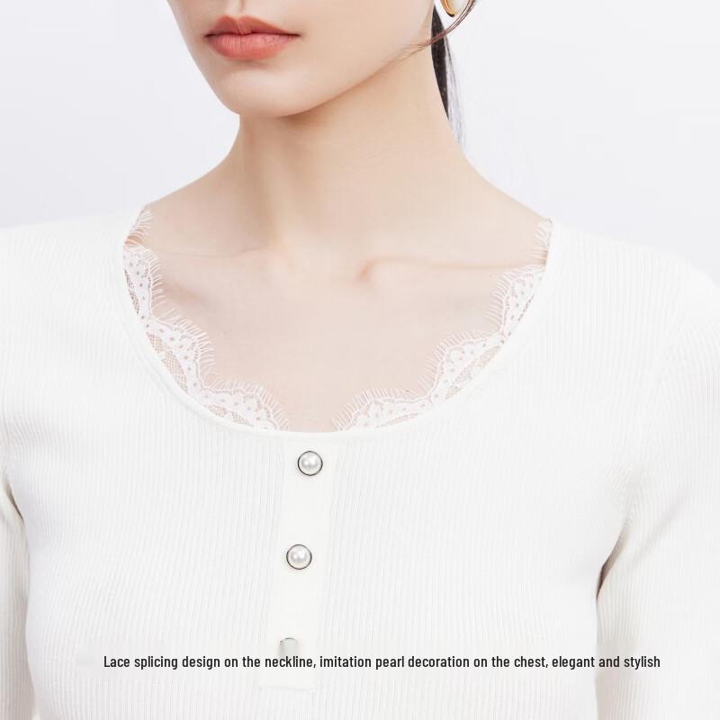 VEROMODA Women's Summer Lace Panel U-Neck Knit Top with Faux Pearls