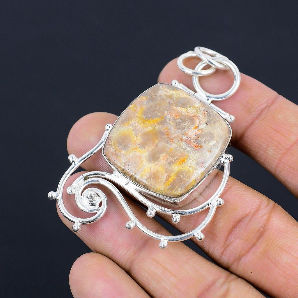 Anniversary Gift For Her Natural Fossil Coral Gemstone Pendant 925 Silver
