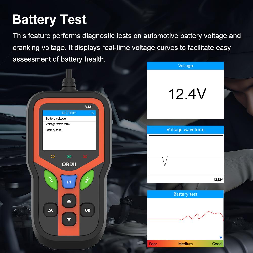 OBD2 Car Scanner Diagnostic Tool for Check Engine Light, Fault Code Reader & Reset, Real-Time Data, Voltage Test, EVAP & I/M Readiness