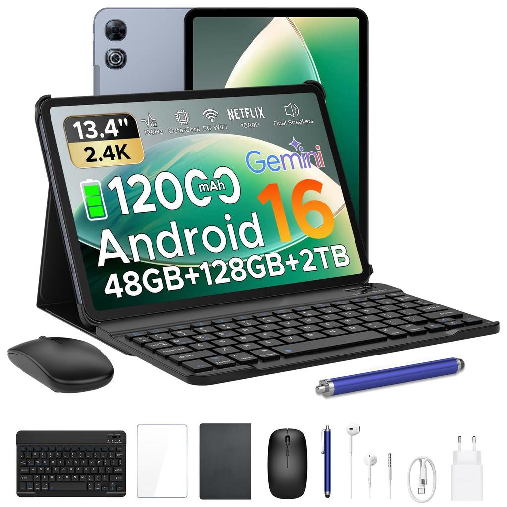 P13 Tablets ,13.4 Inch 2.4K 120Hz Android 16, 48GB+128GB, 12000mAh, Widevine L1, Dual Speakers, Tablet with Keyboard & Pen-Case