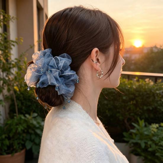 Hair Tie Beads Decor Double Layer Mesh Women Hair Rope Bun Half-Tied Hairstyles Ponytail Holder Hair Accessory