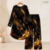Women Plus Size Two Piece Set Round Neck Long Sleeve Printed High Low Top Wide Leg Pants