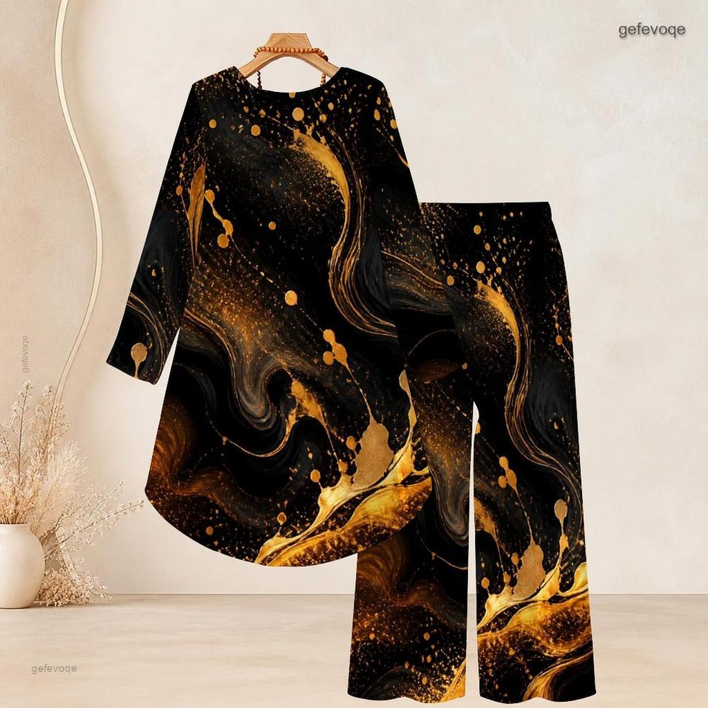 Women Plus Size Two Piece Set Round Neck Long Sleeve Printed High Low Top Wide Leg Pants