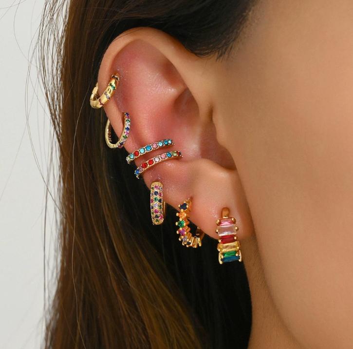 Y2K Aesthetic Rainbow Earring Set for Women Multicolor Zircon Huggie Hoops Cartilage Ear Cuff Summer Festival Party Jewelry