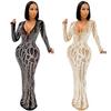 X5002 Rhinestone Inlaid See-through Mesh Women's Long Dress - European and American Nightclub Style