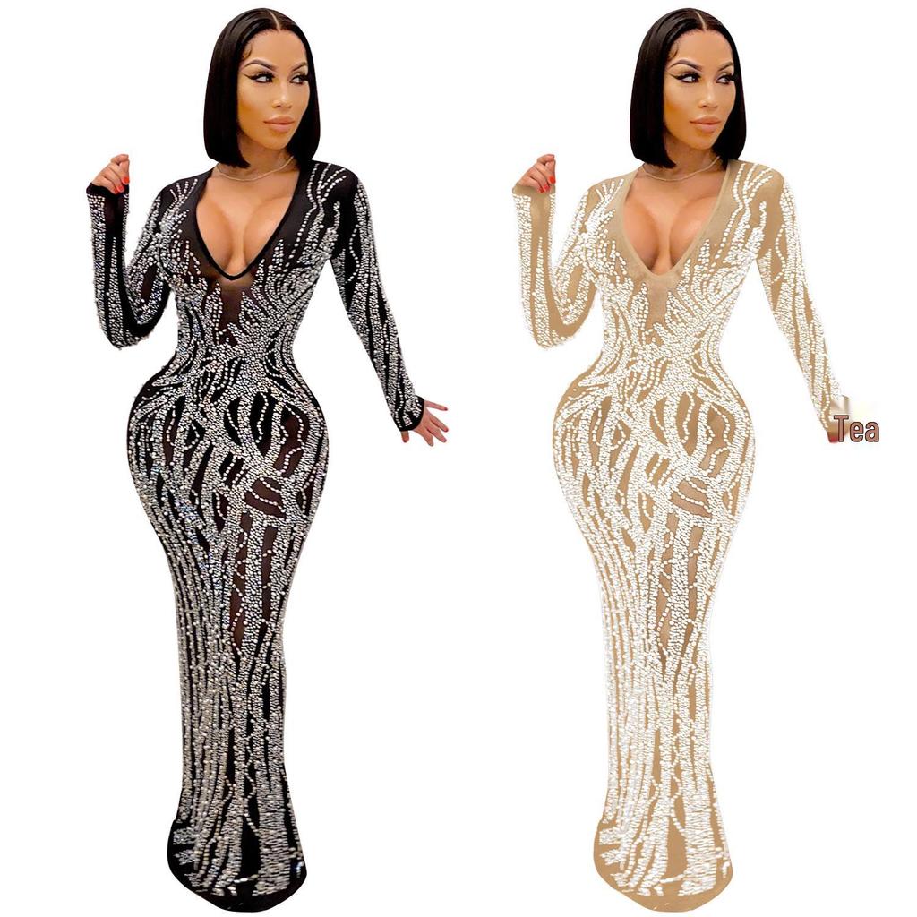 X5002 Rhinestone Inlaid See-through Mesh Women's Long Dress - European and American Nightclub Style