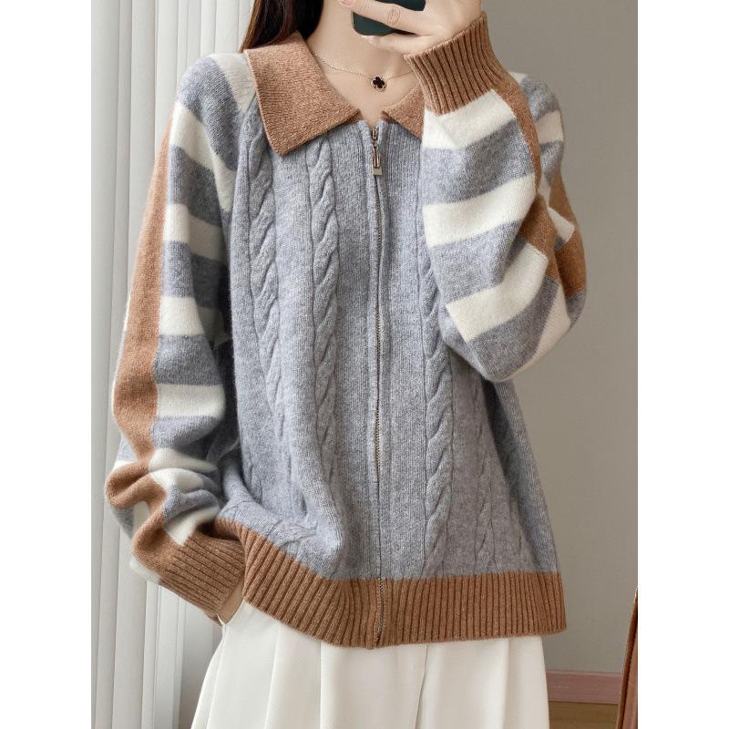 Autumn/Winter 2025 Women's Pure Wool Knit POLO Cardigan with Zipper and Color Block Buttons - Soft, Fluffy, Long Sleeve Top